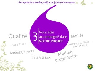 3Vous êtes
accompagné dans
VOTRE PROJET
Qualité
Travaux
« Entreprendre ensemble, voilà le projet de notre marque »
 
