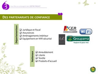 Vous êtes accompagné dans VOTRE PROJET
3
DES PARTENARIATS DE CONFIANCE
 Juridique et fiscal
 Assurances
 Aménagements intérieur
 Equipement en Wifi sécurisé
Départementaux
Nationaux
 Ameublement
 Literie
 Textile
 Produits d’accueil
 