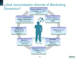 1616
¿Qué necesidades atiende el Marketing
Dinámico? Atraer al cliente, motivar
la entrada a su negocio
(Walk-In)
Dirigir al cliente al
producto, enfocar su
venta
Informar de tus
servicios
Actualizar
periódicamente tus
ofertas y
promociones
Amenizar el tiempo
de espera de tus
cliente
Ahorrar en
comunicación y
publicidad
Mejorar la
experiencia de
compra de los
clientes
Cuidar y modernizar la
imagen corporativa y
estética de tu local
03
 