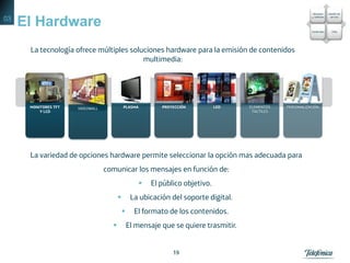 1919
El Hardware
19
La tecnología ofrece múltiples soluciones hardware para la emisión de contenidos
multimedia:
MONITORES TFT
Y LCD
VIDEOWALL PLASMA PROYECCIÓN LED ELEMENTOS
TACTILES
PERSONALIZACIÓN
La variedad de opciones hardware permite seleccionar la opción mas adecuada para
comunicar los mensajes en función de:
 El público objetivo.
 La ubicación del soporte digital.
 El formato de los contenidos.
 El mensaje que se quiere trasmitir.
03
 