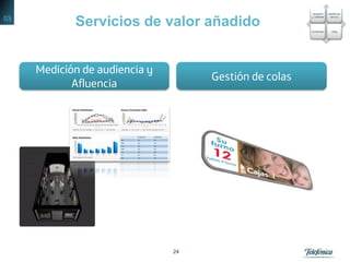24
Medición de audiencia y
Afluencia
Gestión de colas
Servicios de valor añadido03
 