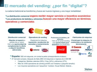 El mercado del vending: ¿por fin “digital”?
España: 500 mil máquinas, sin contar la parte correspondiente al tabaco.
 2º mercado europeo, después de Italia (880 mil máquinas) e ingresos de 2.000 M€
- Categorías: Bebidas calientes (29%) / frías (34%) y alimentos (37%)
- Más de 3.000 operadores de vending (el 80% son mediano o pequeño tamaño).
- Los mayores operadores son “pequeños”: Autobar, House Market, Selecta…
Fabricantes de máquinasOperadores de vendingDistribución comercial
•Construyen la máquina, la
customizan y la mantienen
técnicamente:
•Gestionan la máquina:
reposición, recolección de
monedas y mantenimiento
básico
•Alquilan el espacio a
cambio de un canon
•Ven una oportunidad de
complementar la oferta
o adquirir beneficios
adicionales
Productores de bebidas y de
alimentos
•Ven en el canal vending
una oportunidad para
distribuir sus productos
La cadena tradicional se transforma y busca así nuevos ingresos y una mayor rentabilidad:
La distribución comercial espera recibir mayor servicio o incentivo económico
Los productores de bebidas y alimentos buscan una mayor eficiencia en términos
operativos y comerciales
01
 
