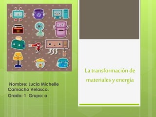 La transformaciónde
materialesy energía
Nombre: Lucia Michelle
Camacho Velasco.
Grado: 1 Grupo: a
 