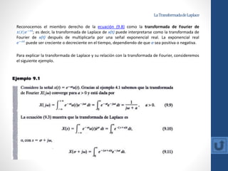 LaTransformadadeLaplace
Reconocemos el miembro derecho de la ecuación (9.8) como la transformada de Fourier de
𝒙(𝒕)𝒆−σ𝒕
; es decir, la transformada de Laplace de x(t) puede interpretarse como la transformada de
Fourier de x(t) después de multiplicarla por una señal exponencial real. La exponencial real
𝒆−σ𝒕
puede ser creciente o decreciente en el tiempo, dependiendo de que σ sea positiva o negativa.
Para explicar la transformada de Laplace y su relación con la transformada de Fourier, consideremos
el siguiente ejemplo.
 