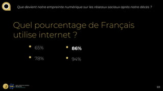 Quel pourcentage de Français
utilise internet ?
• 65%
• 78%
• 86%
• 94%
Que devient notre empreinte numérique sur les rése...