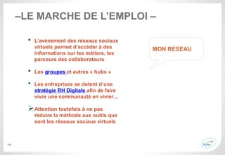 –9–
–LE MARCHE DE L’EMPLOI –
• L’avènement des réseaux sociaux
virtuels permet d’accéder à des
informations sur les métiers, les
parcours des collaborateurs
• Les groupes et autres « hubs »
• Les entreprises se dotent d’une
stratégie RH Digitale afin de faire
vivre une communauté en vivier…
Attention toutefois à ne pas
réduire la méthode aux outils que
sont les réseaux sociaux virtuels
MON RESEAU
 
