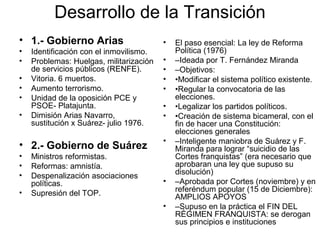 Desarrollo de la Transición
• 1.- Gobierno Arias
• Identificación con el inmovilismo.
• Problemas: Huelgas, militarización
de servicios públicos (RENFE).
• Vitoria. 6 muertos.
• Aumento terrorismo.
• Unidad de la oposición PCE y
PSOE- Platajunta.
• Dimisión Arias Navarro,
sustitución x Suárez- julio 1976.
• 2.- Gobierno de Suárez
• Ministros reformistas.
• Reformas: amnistía.
• Despenalización asociaciones
políticas.
• Supresión del TOP.
• El paso esencial: La ley de Reforma
Política (1976)
• –Ideada por T. Fernández Miranda
• –Objetivos:
• •Modificar el sistema político existente.
• •Regular la convocatoria de las
elecciones.
• •Legalizar los partidos políticos.
• •Creación de sistema bicameral, con el
fin de hacer una Constitución:
elecciones generales
• –Inteligente maniobra de Suárez y F.
Miranda para lograr “suicidio de las
Cortes franquistas” (era necesario que
aprobaran una ley que supuso su
disolución)
• –Aprobada por Cortes (noviembre) y en
referéndum popular (15 de Diciembre):
AMPLIOS APOYOS
• –Supuso en la práctica el FIN DEL
RÉGIMEN FRANQUISTA: se derogan
sus principios e instituciones
 