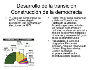 Desarrollo de la transición
Construcción de la democracia
• 1er
Gobierno democrático de
UCD. Suárez elegido
presidente tras su triunfo en
elecciones de 1977.
• Retos: atajar crisis económica
y elaborar Constitución.
Pactos de la Moncloa.
Acuerdos globales de todas
las fuerzas económicas y
políticas: moderación salarial a
cambio de reformas fiscales y
tributarias y aumento del gasto
social (Seguridad Social)
• Resultados: Fiscalidad
progresiva. Descenso
inflación. Amplían reservas de
divisas. Regulan salarios.
Crecen beneficios
empresariales-Amplía
cobertura social parados.
 