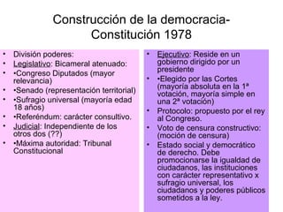 Construcción de la democracia-
Constitución 1978
• División poderes:
• Legislativo: Bicameral atenuado:
• •Congreso Diputados (mayor
relevancia)
• •Senado (representación territorial)
• •Sufragio universal (mayoría edad
18 años)
• •Referéndum: carácter consultivo.
• Judicial: Independiente de los
otros dos (??)
• •Máxima autoridad: Tribunal
Constitucional
• Ejecutivo: Reside en un
gobierno dirigido por un
presidente
• •Elegido por las Cortes
(mayoría absoluta en la 1ª
votación, mayoría simple en
una 2ª votación)
• Protocolo: propuesto por el rey
al Congreso.
• Voto de censura constructivo:
(moción de censura)
• Estado social y democrático
de derecho. Debe
promocionarse la igualdad de
ciudadanos, las instituciones
con carácter representativo x
sufragio universal, los
ciudadanos y poderes públicos
sometidos a la ley.
 