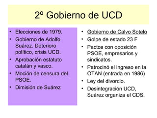 2º Gobierno de UCD
• Elecciones de 1979.
• Gobierno de Adolfo
Suárez. Deterioro
político, crisis UCD.
• Aprobación estatuto
catalán y vasco.
• Moción de censura del
PSOE.
• Dimisión de Suárez
• Gobierno de Calvo Sotelo
• Golpe de estado 23 F
• Pactos con oposición
PSOE, empresarios y
sindicatos.
• Patrocinó el ingreso en la
OTAN (entrada en 1986)
• Ley del divorcio.
• Desintegración UCD,
Suárez organiza el CDS.
 