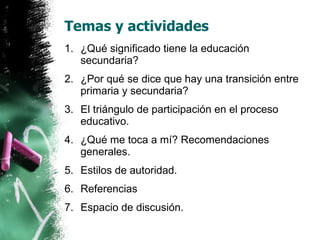 Temas y actividades ¿Qué significado tiene la educación secundaria? ¿Por qué se dice que hay una transición entre primaria y secundaria? El triángulo de participación en el proceso educativo. ¿Qué me toca a mí? Recomendaciones generales. Estilos de autoridad. Referencias Espacio de discusión. 