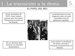 1. La transición a la demo. 5.
EL PAPEL DEL REY.
La democracia era una
exigencia cada vez más
extendida entre la
población...