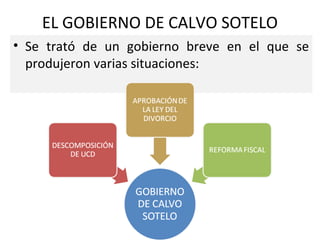 EL GOBIERNO DE CALVO SOTELO
• Se trató de un gobierno breve en el que se
produjeron varias situaciones:
 
