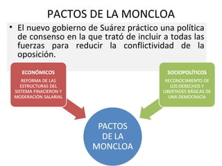 PACTOS DE LA MONCLOA
• El nuevo gobierno de Suárez práctico una política
de consenso en la que trató de incluir a todas las
fuerzas para reducir la conflictividad de la
oposición.
 