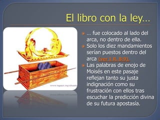    … fue colocado al lado del
    arca, no dentro de ella.
   Solo los diez mandamientos
    serían puestos dentro del
    arca (ver 1 R. 8:9).
   Las palabras de enojo de
    Moisés en este pasaje
    reflejan tanto su justa
    indignación como su
    frustración con ellos tras
    escuchar la predicción divina
    de su futura apostasía.
 