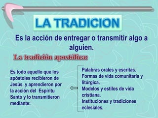 LA TRADICIONEs la acción de entregar o transmitir algo a alguien. La tradición apostólica:Palabras orales y escritas.Formas de vida comunitaria y litúrgica.Modelos y estilos de vida cristiana.Instituciones y tradiciones eclesiales.Es todo aquello que los apóstoles recibieron de Jesús  y aprendieron por la acción del  Espíritu Santo y lo transmitieron  mediante: