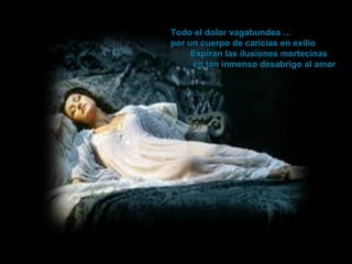 Todo el dolor vagabundea … por un cuerpo de caricias en exilio Expiran las ilusiones mortecinas en tan inmenso desabrigo al amor 