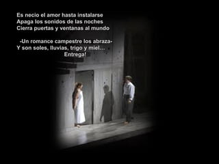 Es necio el amor hasta instalarse Apaga los sonidos de las noches  Cierra puertas y ventanas al mundo -Un romance campestre los abraza- Y son soles, lluvias, trigo y miel… Entrega! 