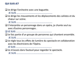 QUI SUIS-JE?
 Je dirige l’orchestre avec une baguette.
JE SUIS .......................................................
 Je dirige les mouvements et les déplacements des solistes et du
chœur sur scène.
JE SUIS .......................................................
 J’interprète un personnage dans un opéra, je chante seul ou
avec d’autres personnages .
 JE SUIS .......................................................
 Je fais partie d’un groupe de personnes qui chantent ensemble.
JE SUIS .......................................................
 Je règle tous les effets de lumière du spectacle en collaboration
avec les électriciens de l’Opéra.
JE SUIS .......................................................
 Je m’assois dans fauteuil pour regarder le spectacle.
JE SUIS .......................................................
 