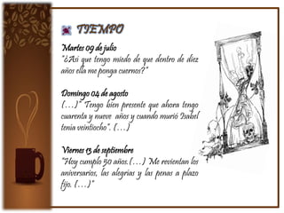 Laura Avellaneda
Es una joven de rasgos suaves y ojos serenos, verdes con tonos
grises, nariz fina, pelo color oscuro y piel muy clara.
Inteligente, sensible, alegre, positiva, trabajadora, activa, de pocas
pero acertadas palabras, apasionada, madura.
Domingo 12 de marzo
 