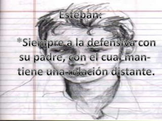 Esteban:<br />*Siempre a la defensiva con<br />su padre, con el cual man- <br />tiene una relación distante.<br />