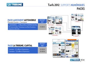 Tarifs 2012 SUPPORTS NUMÉRIQUES
                                                                                                PACKS


PACK LANCEMENT AUTOMOBILE                                   BUDGET
Période d’action : 2 semaines                                 NET
2 SEMAINES – 2 MILLIONS D’IMPRESSIONS
HP événementielles, Thématiques en affinité, Newsletters,   15 000 €
intégrations éditoriales, …




                                                            BUDGET
PACK LA TRIBUNE / CAPITAL                                     NET

1 semaine – 2,2 millions d’impressions                      20 000 €
2 semaines – 5,8 millions d’impressions                     50 000 €
 