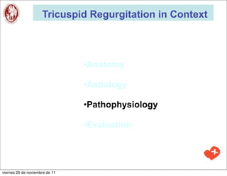 Tricuspid Regurgitation in Context



                                •Anatomy

                                •Aetiology

                                •Pathophysiology

                                •Evaluation




viernes 25 de noviembre de 11
 
