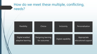 How do we meet these multiple, conflicting,
needs?
Flexibility Choice Inclusivity Personalisation
Digital enabled
adaptive learning
Designing learning
for outcomes
Digital capability
Appropriate
educational support
 
