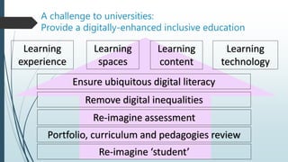 A challenge to universities:
Provide a digitally-enhanced inclusive education
Learning
spaces
Learning
content
Learning
technology
Ensure ubiquitous digital literacy
Re-imagine assessment
Portfolio, curriculum and pedagogies review
Learning
experience
Re-imagine ‘student’
Remove digital inequalities
 