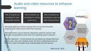 At desk recording
capabilities used
extensively during
remote working
Automated
captioning for all
content
Audio and video resources to enhance
learning
76% of students use
recordings for note-
taking after lectures
74% of students use
recordings for writing
assessments
85% of students use
recordings to catch-up
after missing lectures
Morris et al., 2019
“Recording lectures and then putting them on the VLE should be
compulsory for every school within the university.”
“Record seminars not just lectures. Would be useful for revision near
exams as not possible to write notes for everything said in seminars.”
“Flip the classroom - if most lectures are recorded and change little from
year-to-year, why can't students watch the lecture beforehand and use
the time in class to broaden their understanding with the lecturer.”
 