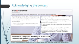 Acknowledging the context
https://theconversation.com/where-has-the-joy-of-working-in-australian-universities-gone-184251
 