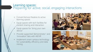 Learning spaces:
Preparing for active, social, engaging interactions
• Convert lecture theatres to active
learning spaces
• Equip spaces with tech facilities for
content sharing and interaction
• Equip spaces for ‘bring your own
device’
• Provide supported ‘demonstrator’ and
‘innovation’ labs with AR/VR
• Implement smart campus technology
for sustainability, efficiency and data
mining
 