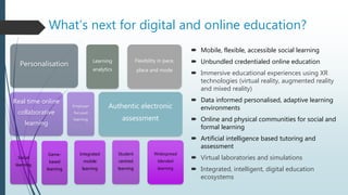 What’s next for digital and online education?
 Mobile, flexible, accessible social learning
 Unbundled credentialed online education
 Immersive educational experiences using XR
technologies (virtual reality, augmented reality
and mixed reality)
 Data informed personalised, adaptive learning
environments
 Online and physical communities for social and
formal learning
 Artificial intelligence based tutoring and
assessment
 Virtual laboratories and simulations
 Integrated, intelligent, digital education
ecosystems
Personalisation
Real time online
collaborative
learning
Social
learning
Game-
based
learning
Employer
focused
learning
Authentic electronic
assessment
Integrated
mobile
learning
Student
centred
learning
Widespread
blended
learning
Learning
analytics
Flexibility in pace,
place and mode
 