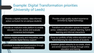 Example: Digital Transformation priorities
(University of Leeds)
Provide an institution-wide platform to enable
educators to use, evolve and evaluate
immersive technologies
Establish global networks to co-create, share
and enrich research findings through online
education and training
Transform our education spaces to support
active, collaborative in-person learning, hybrid
learning and informal interactions
Provide a digitally-enabled, data-informed,
active curriculum for on-campus students
Grow our portfolio of fully online education and
hybrid learning for new cohorts of students
Address digital poverty and inequalities, and
provide digital literacy support
Contribute to evidence-based practice through
research and scholarship
Provide a high quality student experience
enriched by digital technology
 