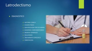 Latrodectismo
 DIAGNOSTICO
 HISTORIA CLINICA
 EXAMEN FISICO
 IDENTIFICACION TIPO DE ARAÑA
 EXAMENES COMPLEMENTARIOS
 MEDIDAS GENERALES
 SOLUCIONES
 TRATAMIENTO ESPECIFICO
 ORIENTACION
 