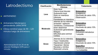 Latrodectismo
 ANTIVENENO
 Antiveneno faboterapico
pentavalente (ARACMYN
 Clínica remitirá luego de 90 – 120
minutos luego de antiveneno
Administración EV en 20 ml de
solución fisiológico 0,9% para 2
minutos
 