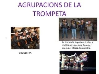 •
AGRUPACIONS DE LA
TROMPETA
La trompeta la podem trobar a
moltes agrupacions. Com per
exemple: el jazz, l’orquestra..
ORQUESTRA
 