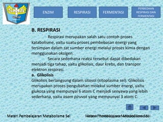 ENZIM

RESPIRASI

FERMENTASI

PERBEDAAN
RESPIRASI DAN
FERMENTASI

B. RESPIRASI
Respirasi merupakan salah satu contoh proses
katabolisme, yaitu suatu proses pembebasan energi yang
tersimpan dalam zat sumber energi melalui proses kimia dengan
menggunakan oksigen.
Secara sederhana reaksi tersebut dapat dibedakan
menjadi tiga tahap, yaitu glikolisis, daur krebs, dan transpor
elektron respirasi.
a. Glikolisis
Glikolisis berlangsung dalam sitosol (sitoplasma sel). Glikolisis
merupakan proses pengubahan molekul sumber energi, yaitu
glukosa yang mempunyai 6 atom C menjadi senyawa yang lebih
sederhana, yaitu asam piruvat yang mempunyai 3 atom C.

Materi Pembelajaran Metabolisme Sel

Materi Pembelajaran Metabolisme Sel
Materi Pembelajaran Metabolisme Sel

 