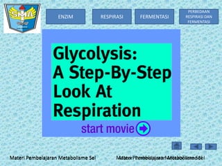 ENZIM

Materi Pembelajaran Metabolisme Sel

RESPIRASI

FERMENTASI

PERBEDAAN
RESPIRASI DAN
FERMENTASI

Materi Pembelajaran Metabolisme Sel
Materi Pembelajaran Metabolisme Sel

 