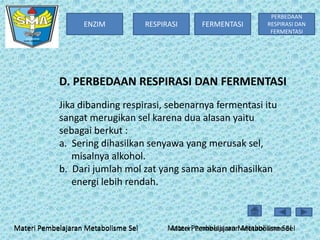 ENZIM

RESPIRASI

FERMENTASI

PERBEDAAN
RESPIRASI DAN
FERMENTASI

D. PERBEDAAN RESPIRASI DAN FERMENTASI
Jika dibanding respirasi, sebenarnya fermentasi itu
sangat merugikan sel karena dua alasan yaitu
sebagai berkut :
a. Sering dihasilkan senyawa yang merusak sel,
misalnya alkohol.
b. Dari jumlah mol zat yang sama akan dihasilkan
energi lebih rendah.

Materi Pembelajaran Metabolisme Sel

Materi Pembelajaran Metabolisme Sel
Materi Pembelajaran Metabolisme Sel

 