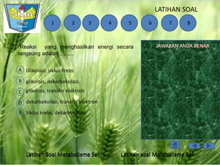 LATIHAN SOAL
1

2

3

4

5

7. Reaksi yang menghasilkan energi secara
langsung adalah .........

6

7

8

JAWABAN ANDA BENAR
SALAH

A Glikolisis, siklus Krebs
B glikolisis, dekarboksilasi.

C glikolisis, transfer elektron
D dekarboksilasi, transfer elektron
E Siklus krebs, dekarboksilasi

Latihan Soal Metabolisme Sel

Latihan soal Metabolisme Sel

 