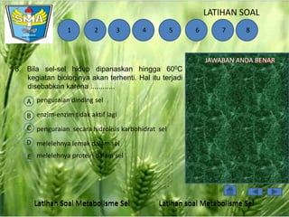 LATIHAN SOAL
1

2

3

4

5

6

7

8

JAWABAN ANDA BENAR
SALAH
8. Bila sel-sel hidup dipanaskan hingga 600C
kegiatan biologinya akan terhenti. Hal itu terjadi
disebabkan karena ............
A penguraian dinding sel
B enzim-enzim tidak aktif lagi
C penguraian secara hidrolisis karbohidrat sel
D melelehnya lemak dalam sel
E melelehnya protein dalam sel

Latihan Soal Metabolisme Sel

Latihan soal Metabolisme Sel

 