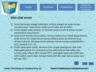 ENZIM

RESPIRASI

FERMENTASI

PERBEDAAN
RESPIRASI DAN
FERMENTASI

Sifat-sifat enzim
1) Enzim berfungsi sebagai katalisator, artinya sebagai zat yang mampu
mempercepat reaksi kimia, tetapi enzim tidak ikut bereaksi.
2) Enzim adalah suatu protein, ini terbukti karena enzim di dalam larutan
membentuk suatu koloid.
3) Kerja enzim bersifat khusus/khas. Artinya bahwa enzim tidak dapat bekerja
pada semua zat, tetapi hanya mampu bekerja pada zat tertentu yang
disebut substrat. Misalnya enzim katalase hanya mampu menghidrolisis
H2O2 menjadi H2O + O2.
4) Enzim tidak tahan panas. Aktivitas ezim sangat dipengaruhi oleh suhu
lingkungan dalam sel. Umumnya enzim akan bekerja baik pada suhu
normal, yaitu antara 300C sampai 370C, sedangkan pada suhu 500C atau
lebih sedikit, enzim akan menjadi tidak aktif dan akan hancur pada suhu
600 dan 700C.

Materi Pembelajaran Metabolisme Sel

Materi Pembelajaran Metabolisme Sel
Materi Pembelajaran Metabolisme Sel

 