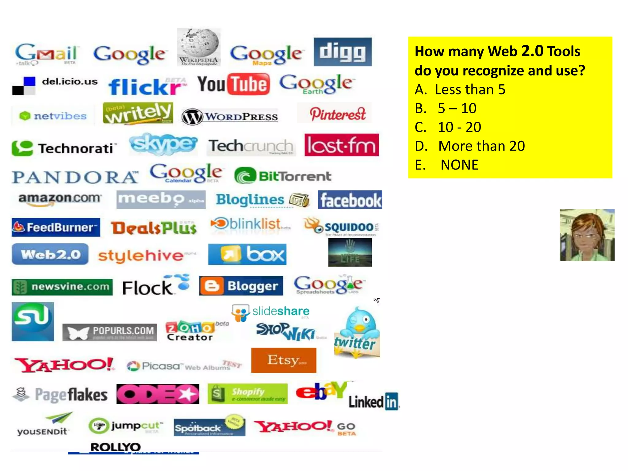How many Web 2.0 Tools
do you recognize and use?
A. Less than 5
B. 5 – 10
C. 10 - 20
D. More than 20
E. NONE
 