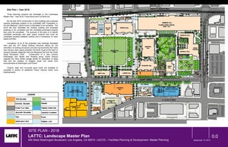 Site Plan – Year 2018

   Three planning horizons are illustrated in the Landscape
Master Plan; Year 2018, Future Bond and Full Build-out.

     By the year 2018 construction of new buildings and proposed
campus landscape projects to be completed with Proposition A,
AA and Measure J Bond funds is anticipated to be complete. The
2018 site plan illustrates the existing building and proposed
buildings to be completed and the candidate landscape projects
that could be completed. The purpose of the plan is to identify
candidate landscape and open space projects that could be
completed pending available funding and a consensus on open
space priorities.

    Completion of all of the proposed new buildings illustrated
here and the 23rd Street Parking Structure allows for the
demolition of existing structures and site improvements that make
new campus open space possible; the North Quad at the heart of
campus between Magnolia Hall and Mariposa Hall and the South
Quad Recreation Field.          Construction of a new Culinary
Arts/Design and Media Arts Building along Grand Avenue
opposite the Olive Street Garage allows for demolition of Sage
Hall and the creation of Wiggins Quad and street front
improvements at Washington and Grand.

    Federal, state and municipal grant funds are available to
complete a portion of additional Grand Avenue street front
improvements.




                             SITE PLAN - 2018
                             LATTC: Landscape Master Plan                                                                                                           0.0
                             400 West Washington Boulevard, Los Angeles, CA 90015 LACCD – Facilities Planning & Development- Master Planning   September 10, 2012
 