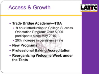 Access & Growth Trade Bridge Academy—TBA  9 hour Introduction to College Success Orientation Program: Over 5,000 participants since May 201020% increase in persistence rateNew Programs Professional Baking AccreditationReorganizing Welcome Week under the Tents