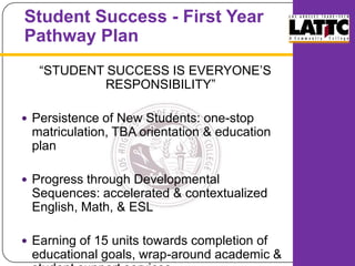 Student Success - First Year Pathway Plan“STUDENT SUCCESS IS EVERYONE’S RESPONSIBILITY” Persistence of New Students: one-stop matriculation, TBA orientation & education plan