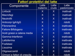 Fattori protettivi del latte inattivati inattivati inattivati ridotti inattivata inattivato ridotti inattivato inattivata inattivata inattivata ridotti ridotti X X X X X X X X X X X X X X X X X X X X X X X X X X Linfociti Macrofagi Neutrofili Anticorpi IgA/IgG Fibronectina Fattore Bifidogeno Acidi grassi a catena media Gamma-Interferon Lattoferrina Fosfatasi  Lisozima Oligosaccaridi Ormoni e fattori di crescita Latte pastorizzato Latte crudo Latte materno Componente 