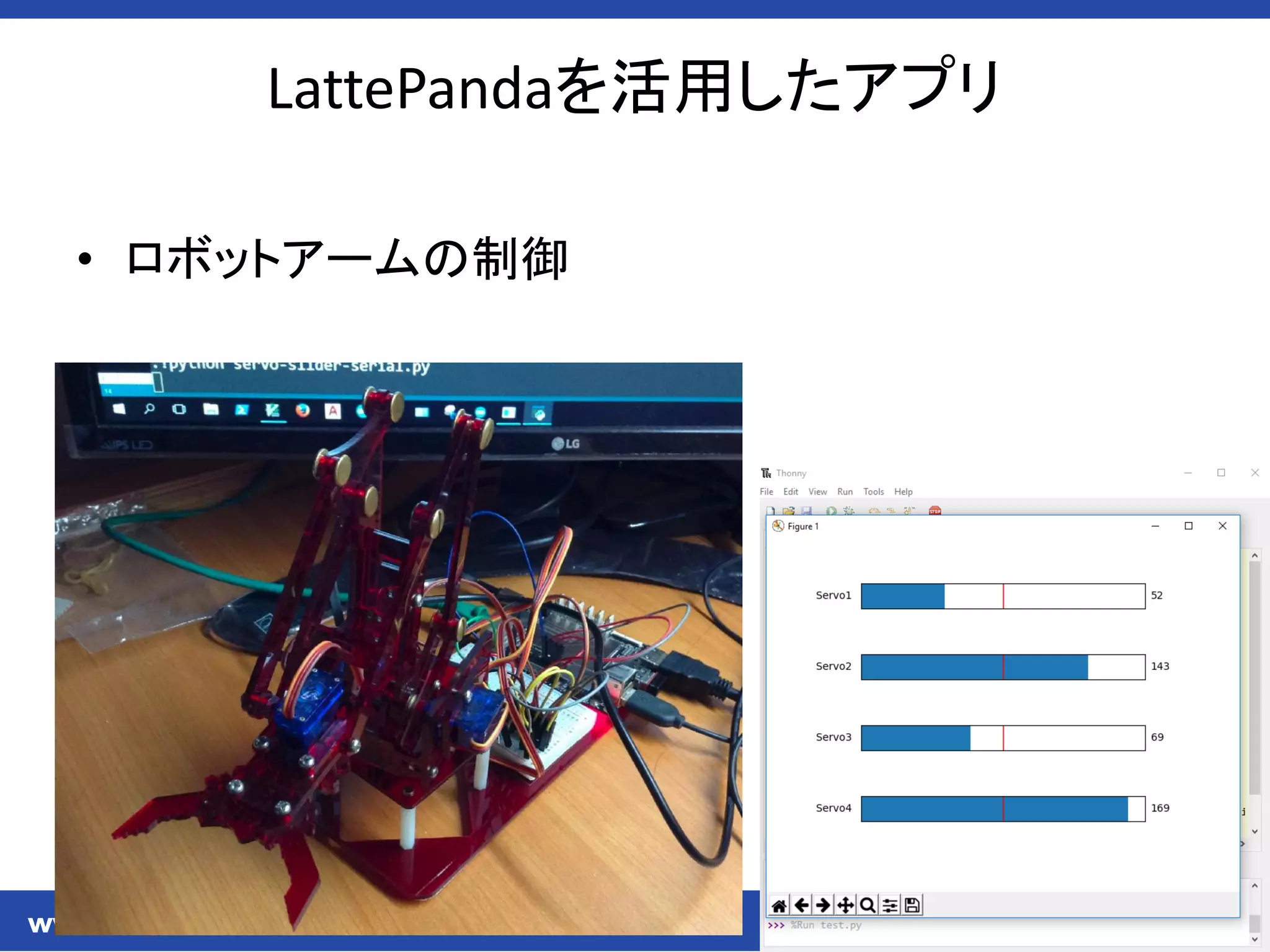 LattePandaを活用したアプリ
• ロボットアームの制御
 