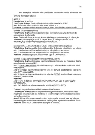 88
Os exemplos retirados dos periódicos analisados estão dispostos no
formato do modelo abaixo:
MODELO
Exemplo: Nome do periódico.
Título Original do artigo: O título conforme consta no original disponível na SCIELO.
Autor: Forma como o autor cadastrou o artigo em seu currículo na PL.
Problemas: Inconsistências verificadas na comparação entre o título original e o cadastrado na PL.
Exemplo 1: Ciência da Informação
Título Original do artigo: Ciência da informação e cognição humana: uma abordagem do
processamento da informação.
Autor: Cencia da Iinformação e cognição: uma abordagem do processamento da informação.
Problemas: Erro de digitação (CENCIA DA INFORMAÇÃO em lugar de CIÊNCIA DA
INFORMAÇÃO); dados incompletos (falta a palavra HUMANA).
Exemplo 2: DELTA (Documentação de Estudos em Lingüística Teórica e Aplicada)
Título Original do artigo: Análise de conteúdo e análise do discurso: o lingüístico e seu entorno.
Autor 1: Análise de conteúdo e Análise do discurso: o lingüísticvo e seu entorno.
Autor 2: Análise de conteúdo e Análise do discurso: o lingüísticvo e seu entorno.
Problema: Erro de digitação (LINGÜÍSTICVO em lugar de LINGÜÍSTICO).
Exemplo 3: Arquivo Brasileiro de Medicina Veterinária e Zootecnia
Título Original do artigo: Coinfecção experimental de circovírus suíno tipo 2 isolado no Brasil e
parvovírus suíno em suínos SPF.
Autor 1: Coinfecçãoexperimental de circovírus suíno tipo 2 isolado no Brasil e parvovírus suíno
em suínos SPF.
Autor 2: Coinfecção experimental de circovírus suíno tipo 2 (PCV2) isolado no Brasil e parvovírus
suíno (PPV) em suínos SPF.
Autor 3: Coinfecção experimental de circovírus suíno tipo 2 (PCV2) isolado no Brasil e parvovírus
suíno (PPV) em suínos SPF.
Problemas
Autor 1: Erros de digitação (COINFECÇÃOEXPERIMENTAL em lugar de COINFECÇÃO
EXPERIMENTAL)
Autor 2 e 3: Inclusão de palavras inexistentes no original ((PCV2) e (PPV)).
Exemplo 4: Arquivo Brasileiro de Medicina Veterinária e Zootecnia
Título Original do artigo: Mistura de proteínas morfogenéticas ósseas, hidroxiapatita, osso
inorgânico e colágeno envolta por membrana de pericárdio no preenchimento de defeito ósseo
segmentar em coelhos.
Autor 1: Mixture of bone morphogenetic protein, hydroxyapatite, inorganic bone and collagen
interposed by pericardium barrier membrane in the filling of the segmental bone defect in rabbits.
Problema: Idioma no CV Lattes diferente do original do periódico.
 